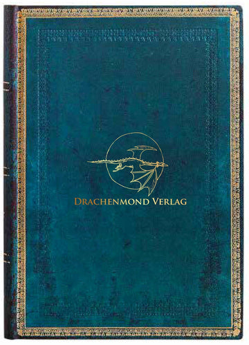 Das Produktbild zeigt das Paperblank. Mittig ist das Drachenmond Verlagslogo - ein fliegender Drache vor Vollmond, darunter der Verlagsname - auf türkisem Hintergrund abgebildet. Den Rand ziert ein goldener Schmuckrahmen.